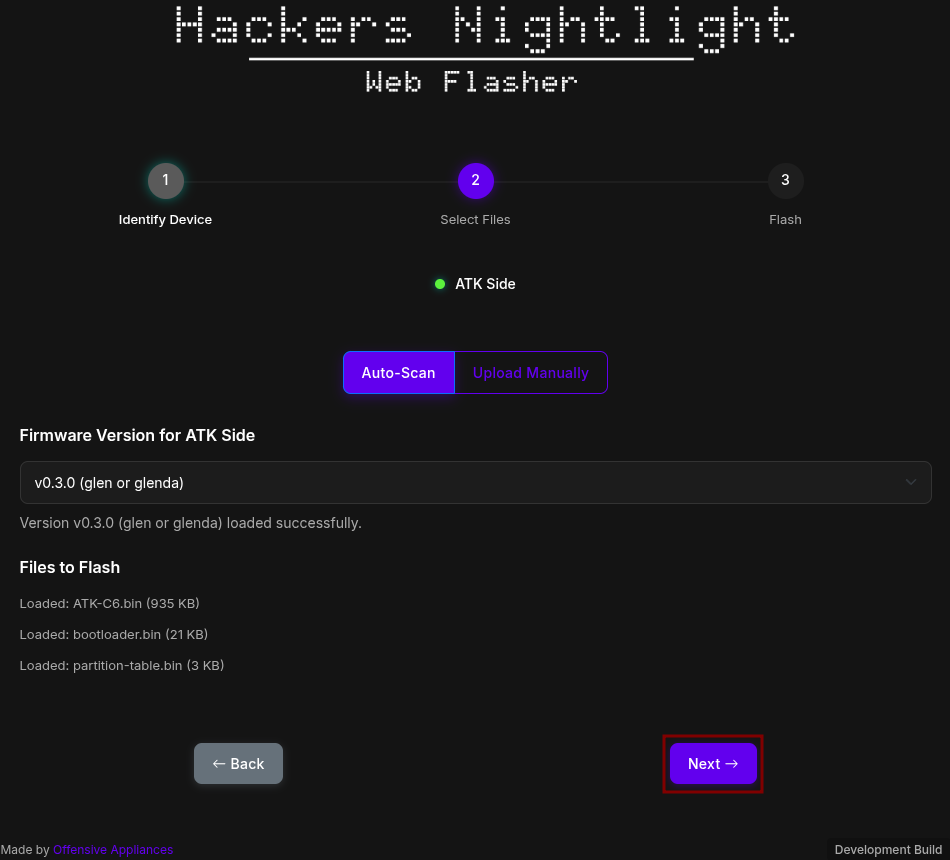Firmware selection screen with the next button surrounded with a square